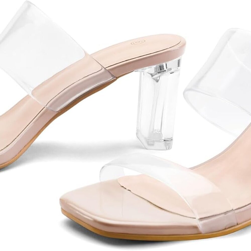 Women Clear Heels Chunky Square Toe Slip On Wedding Shoes 8.5 - Picture 2 of 6